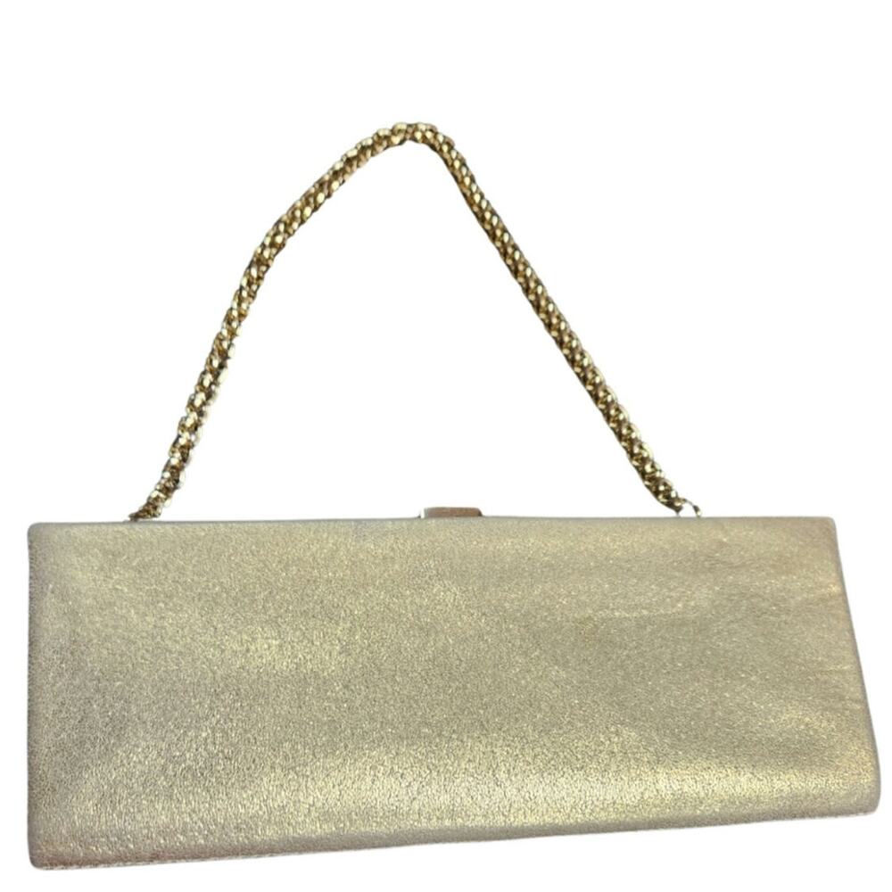 90s Faux Suede Gold Thin Clutch Hand bag Two In One Chain Strap Evening Bag - Picture 3 of 6